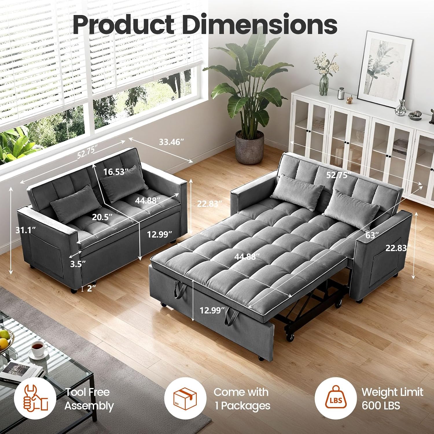 Pull Out Couch, Loveseat Sleeper Sofa Bed with Side Pockets, 3 in 1 Velvet Fabric Convertible Sofa Bed with Adjustable Backrest for Living Room, Bedroom, Apartment, Gray