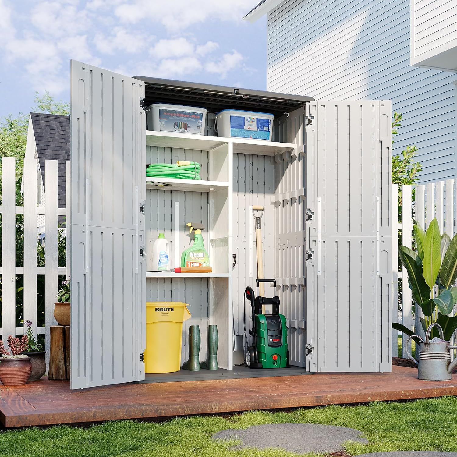Aoxun Outdoor Resin Storage Shed with Metal Shelving Kit & Floor, 64 Cu.Ft Vertical Waterproof Storage Cabinet for Garage, Pool, Bike, Garden Tools, Patio Furniture (White)