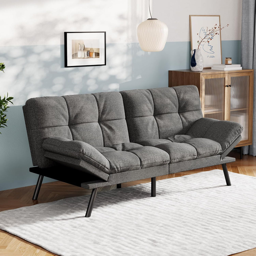 Vyfipt Convertible Futon Sofa Bed, Grey Linen Futon Couch with Adjustable Backrest & Armrests, Folding Small Recliner Sleeper Sofa Bed for Living Room, Apartment, Office