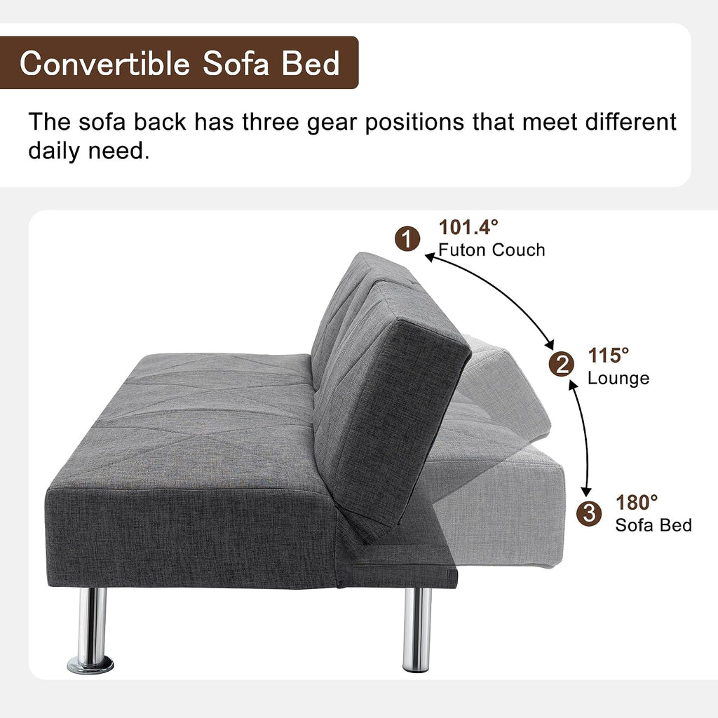 VECELO Modern Convertible Folding Futon Sofa Bed with Removable Armrests Breathable Linen Recliner Couch for Living Room/Apartment Lounge, 2 Cup Holders