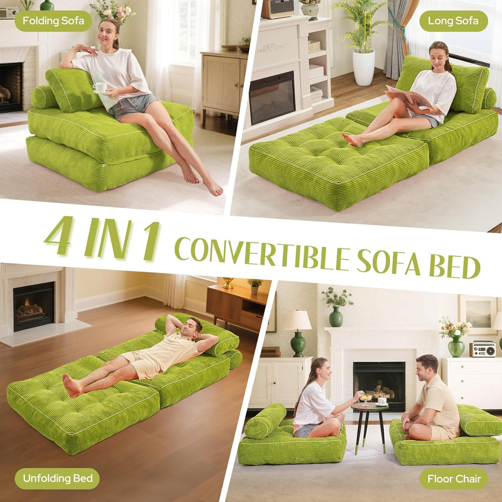 HABUTWAY Folding Sofa Bed, Convertible Sleeper Chair Bed w/Dual-Pillow & Handle, Foldable Floor Sofa Lounge w/Back Support for Living Room, Bedroom, Apartment, Office, Single, Green