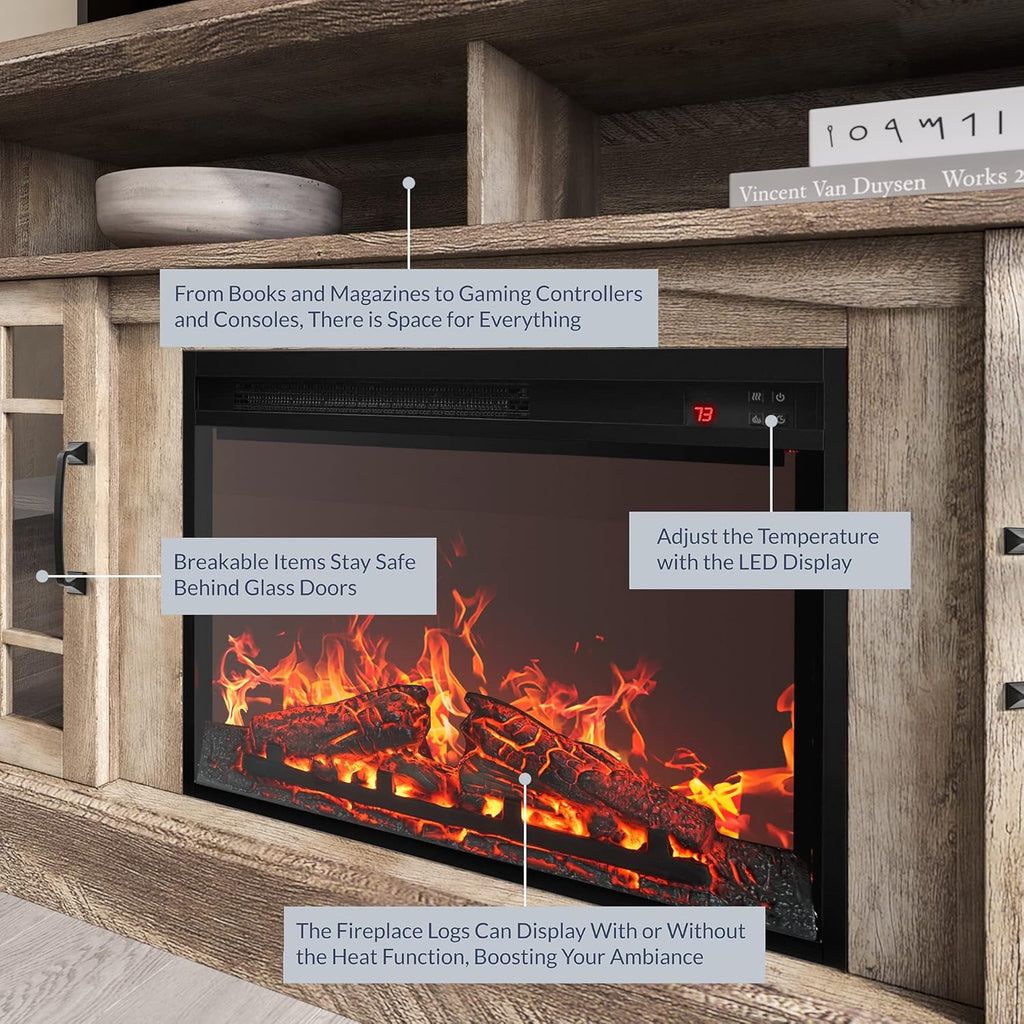 BELLEZE Traditional 58' Rustic TV Stand with 23' Electric Fireplace Heater with Sound, Media Entertainment Center Console Table for TV up to 65' with Open Storage Shelves and Cabinets - Ashland Pine