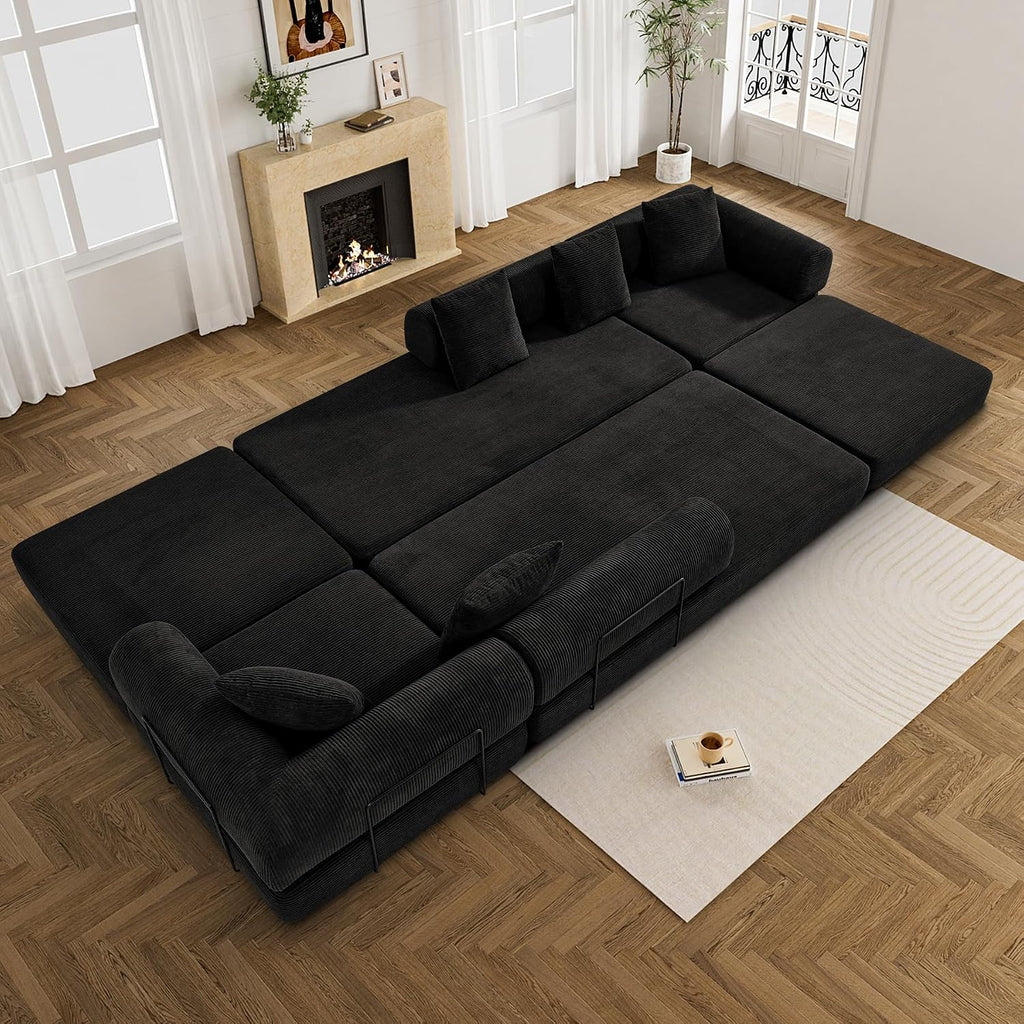 DAMAIFROM Convertible Sleeper Sofa Bed with Cylindrical Pillow,Corduroy Folding Mattress Couch with Fixed-Shape Frame,Modular Floor Sofa Lounge Couch for Living Room Bedroom Lounge,158.6',Black