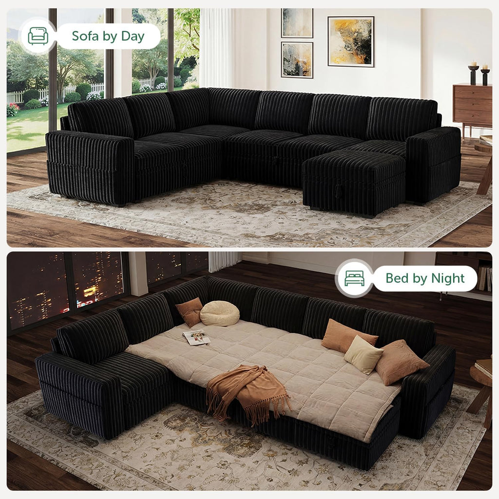 HONBAY Modular Sectional Sleeper Sofa with Pull Out Bed,Corduroy U Shaped Couch with Storage, Sectional Couches for Living Room,Black