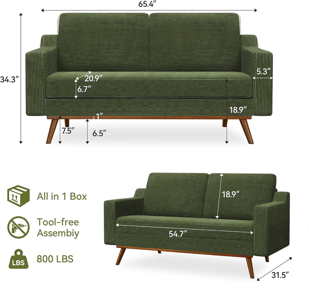 65.4' Loveseat Sofa,Comfy Green Corduroy Love Seat Couches for Living Room,Mid Century Modern Small Couch for Bedroom Office with Spring Cushion,Solid Wood Frame,Tool-Free Assembly