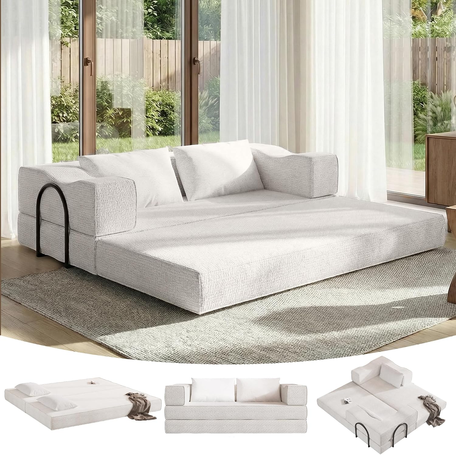 MAKIAAP 80' Foldable Chenille Futon Sofa Bed, 4-in-1 Convertible Couch with 2 Pillows, King-Size Floor Lounger for Living Room, Guest Room, Dorm - No Assembly (Beige, 80in)