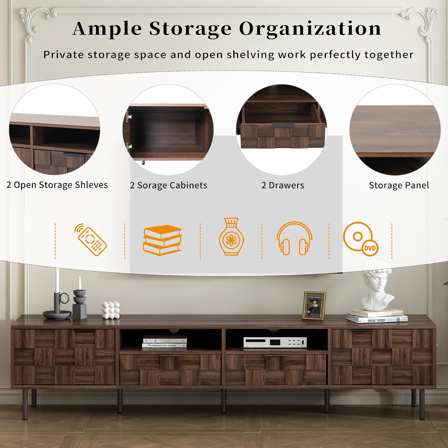 Merax 80' TV Stand for TVs Up to 85', Modern Entertainment Center with 2 Drawers, 2 Doors, and Open Space, Media Console with Unique Mosaic Front Design for Living Room