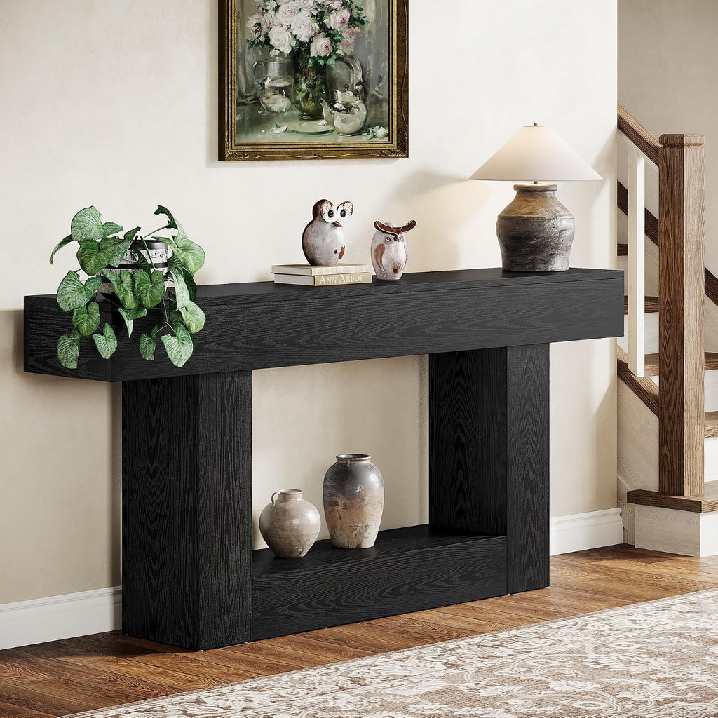 Tribesigns 63' Console Table, Farmhouse 2-Tier Entryway Table with U-Shaped Base, Narrow Long Wood Sofa Table Behind Couch Table for Living Room, Hallway, Foyer, Black