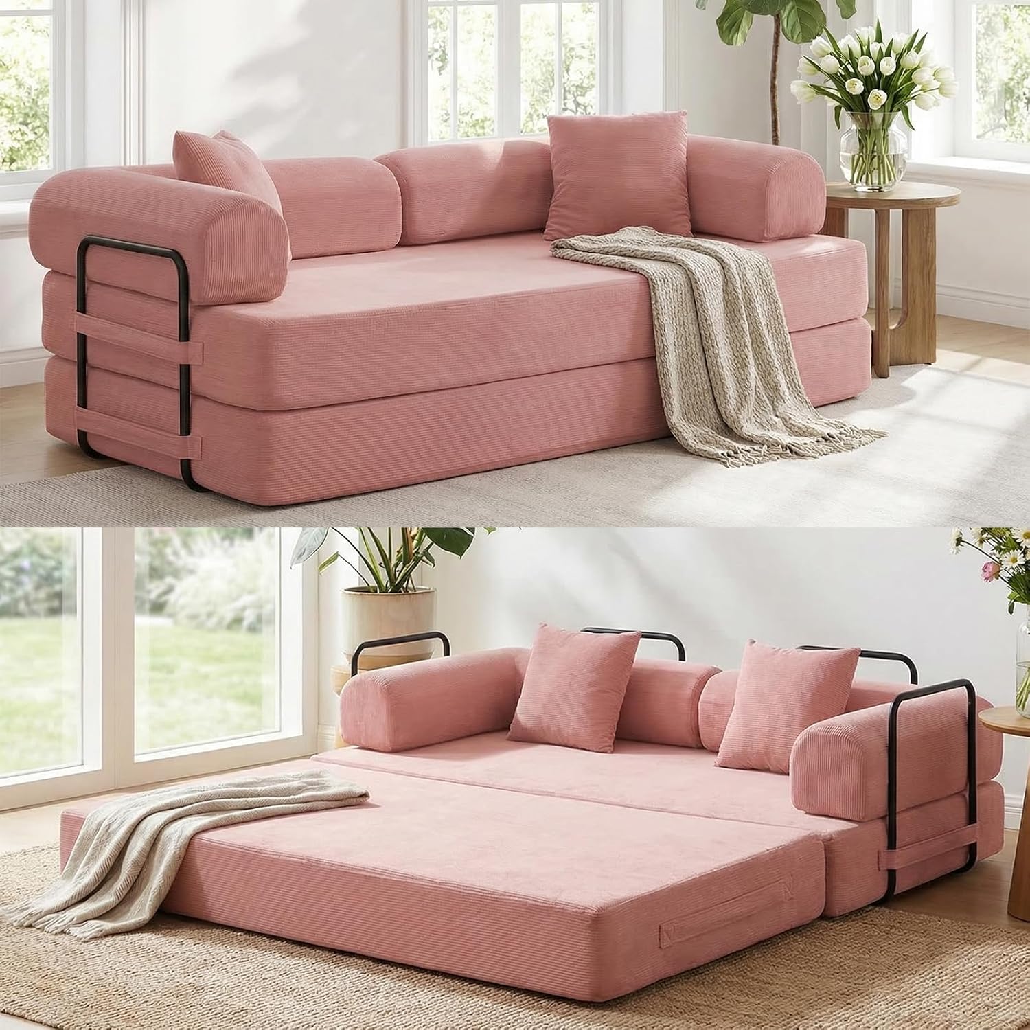 ijuicy 4-in-1 King Convertible Floor Sofa Bed w/ 2 Pillow,Modular Sleeper Sofa/Folding Futon Couch Bed w/Cylindrical Backrest and Fixed Frame,Lounge Couch,Corduroy Compression Sofas for Home-Pink
