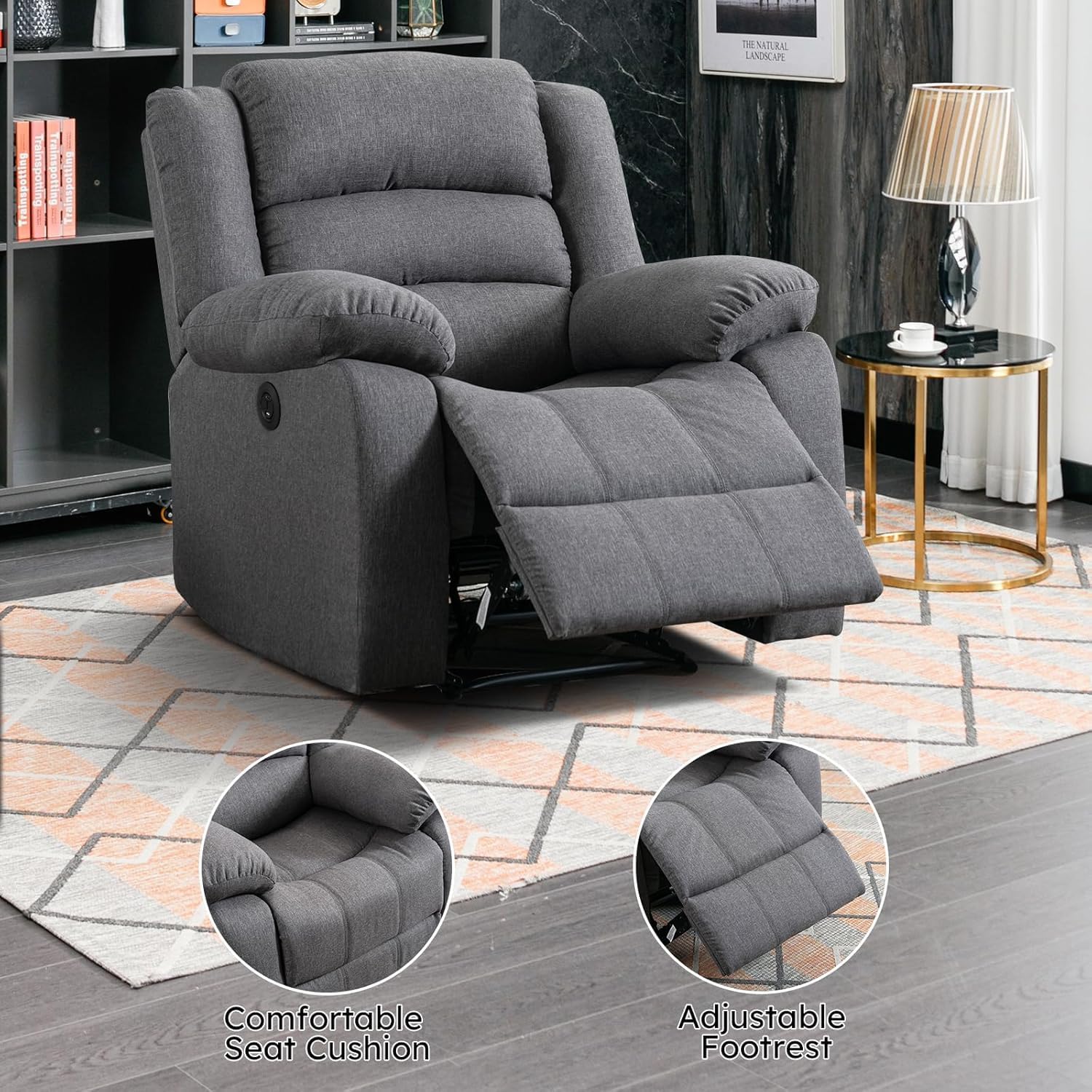 EBELLO Classic Power Recliner Chair, Oversized Electric Reclining Chair with Overstuffed Cushion and Back, Soft Fabric Adults Single Recliner Sofa for Living Room, Set of 2 Grey