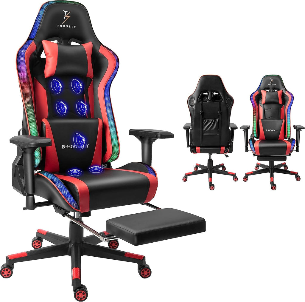 Gaming Chair with Massage and Speakers,Ergonomic Video Gaming Chair with Footrest and Lumbar Support,RGB Racing Gaming Chair, Computer Chair for Adults and Teens, 400lb.,Red