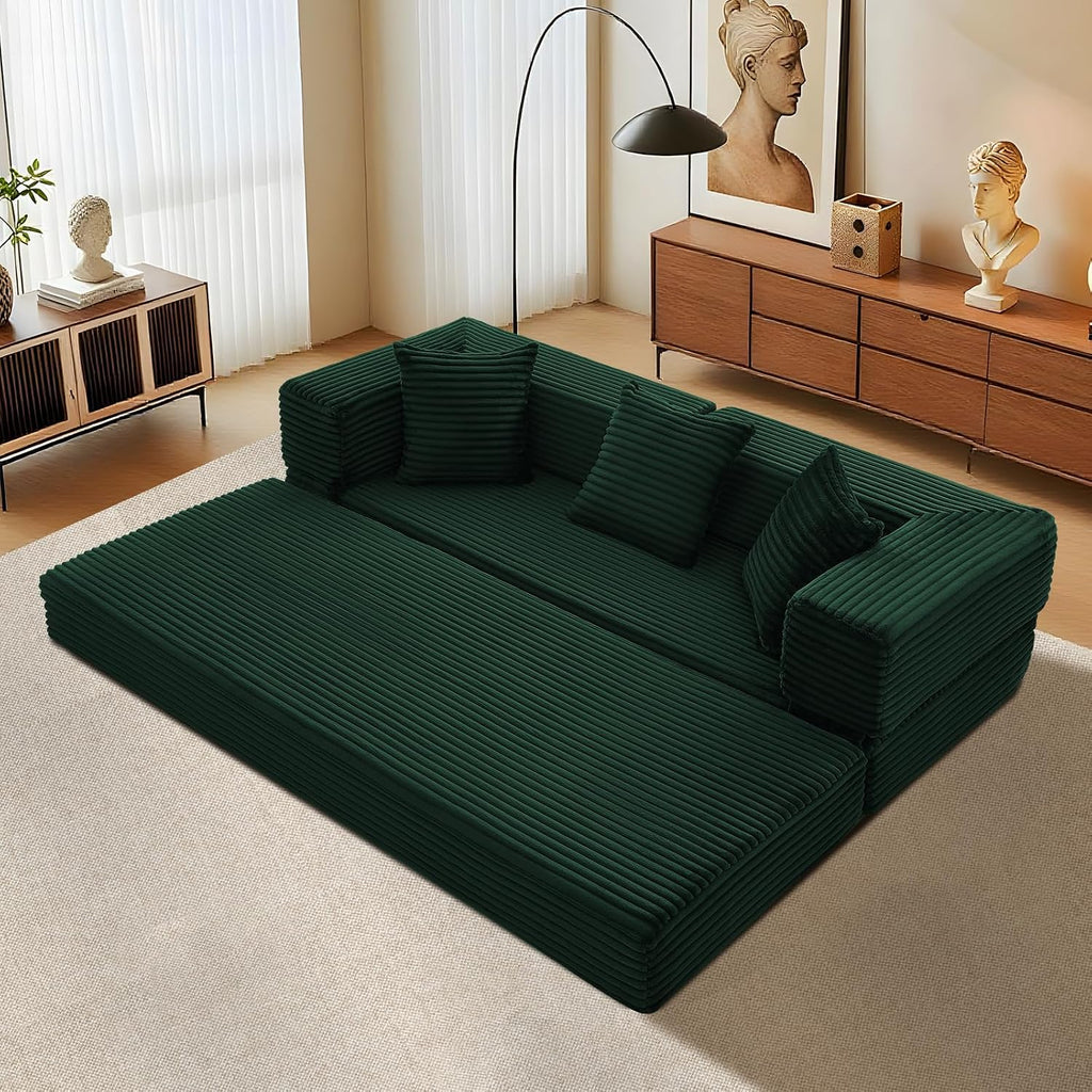 KBQ 3-Seat Convertible Sleeper Sofa Bed with 3 Pillows, Boneless Sofa in a Box Corduroy Folding Mattress Couch, Floor Sofa Lounge Couch for Living Room Bedroom Lounge, Deep Green
