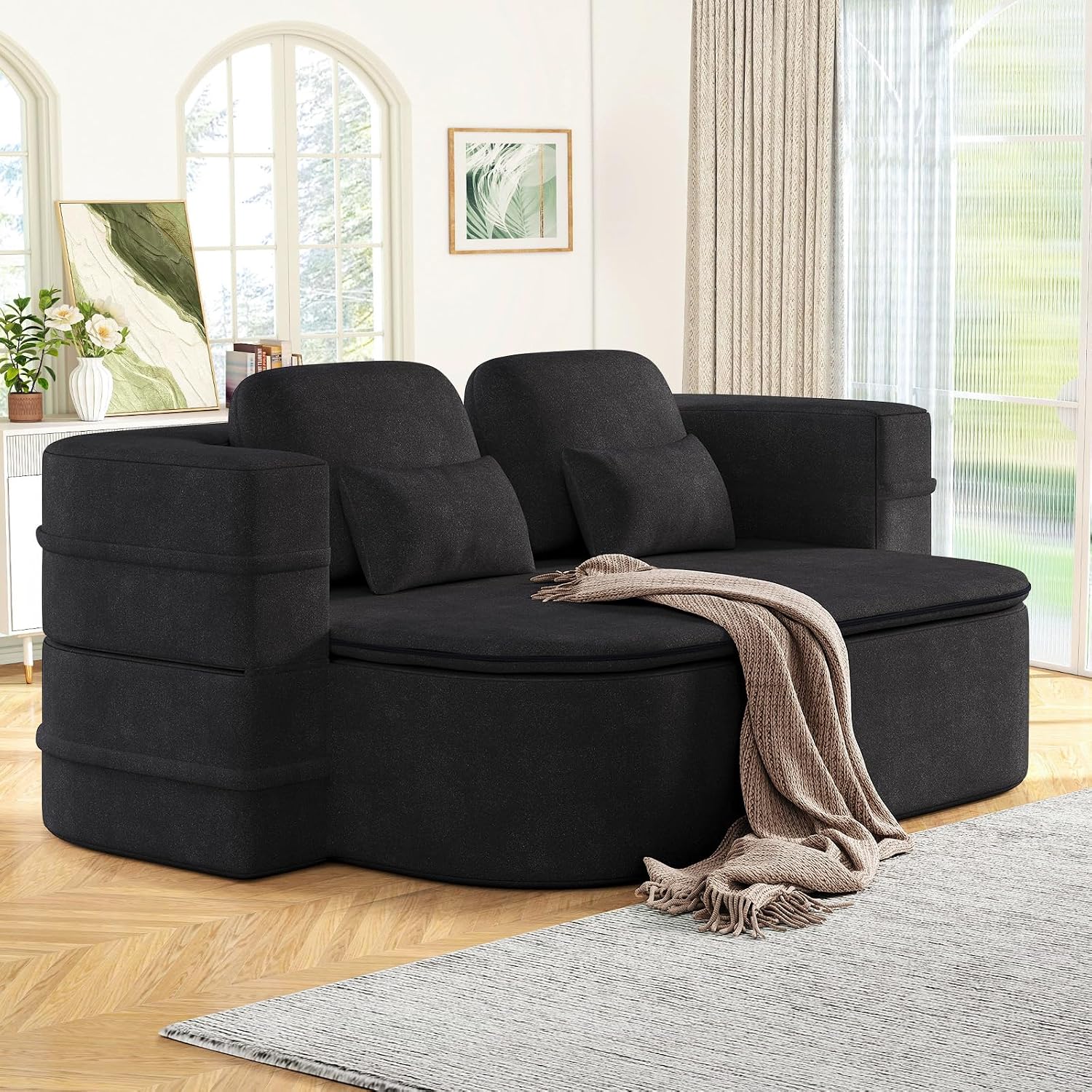 Antetek Convertible Sleeper Sofa, Modern Folding Futon Chenille Floor Foam Compression Loveseat Sofa Bed Couch, Foldable Full Size Guest Bed with 4 Pillows for Living Room Bedroom Apartment, Black