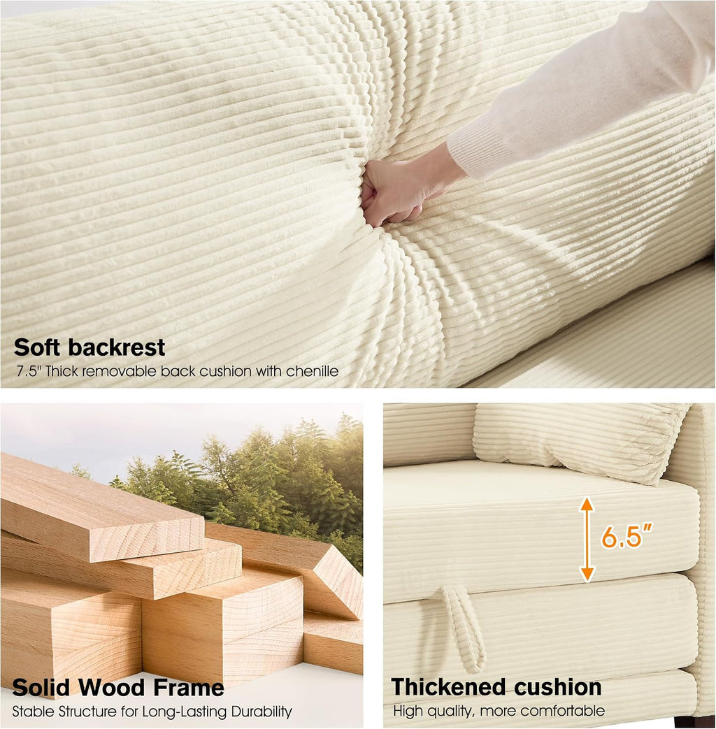 51' Loveseat Sleeper Sofa Bed, Corduroy Convertible Floor Sofa Bed for Small Spaces, Folding Couch Bed with Deep Seat, 2 Pillows & Solid Frame, Pull Out Floor Couch for Living Room, Beige