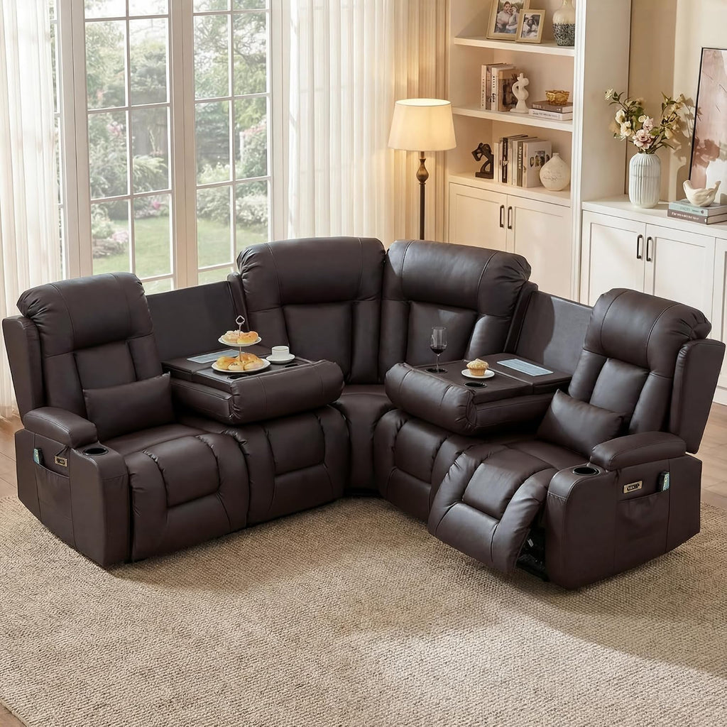 TUNYI Power Loveseat Recliner Sofa with Massage & Heat Home Theater Seating with Console RV Recliner Loveseat Sofa with USB/Storage/Side Pocket/LED Light/Speaker (Light Brown, 4 Seat with Corner)