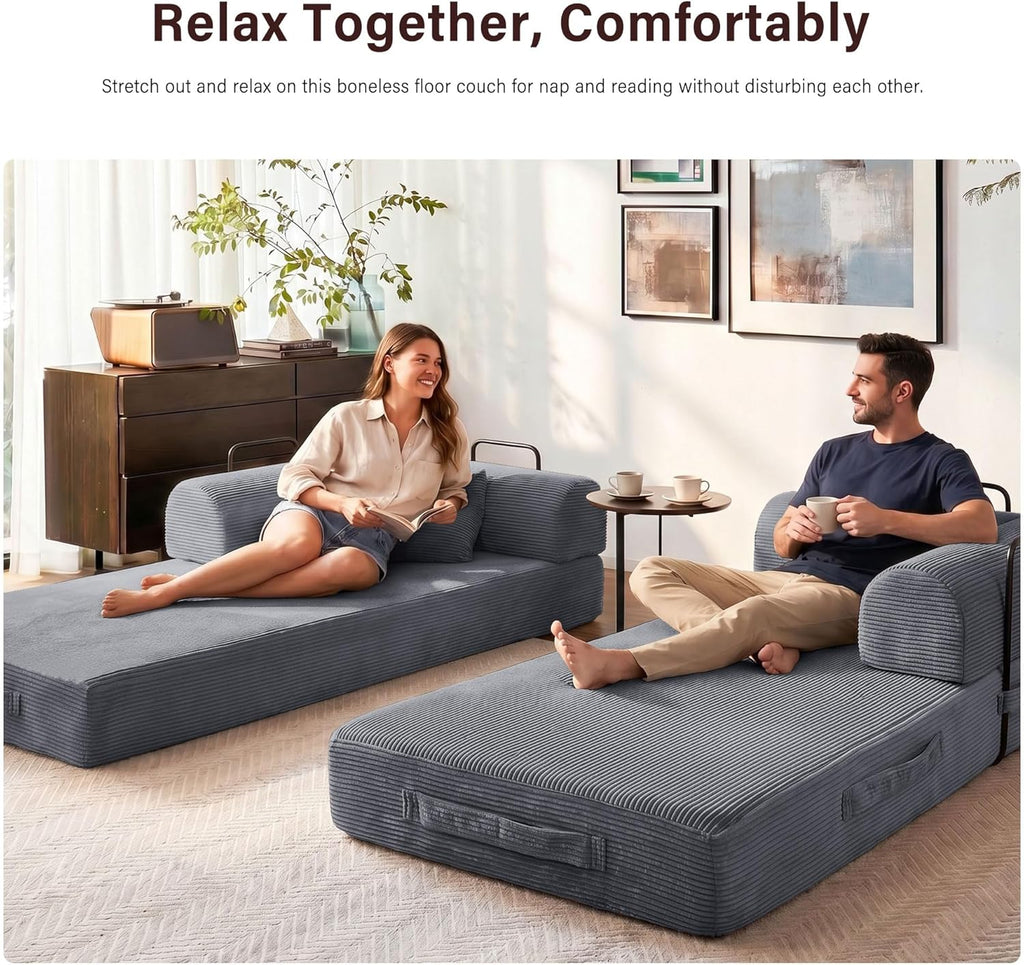 79' Convertible Sofa Bed, 5-in-1 Corduroy Boneless Couch Bed Sofa Pull Out, Memory Foam Couch, No Assembly Futon Couches for Living Room (Dark Gray)