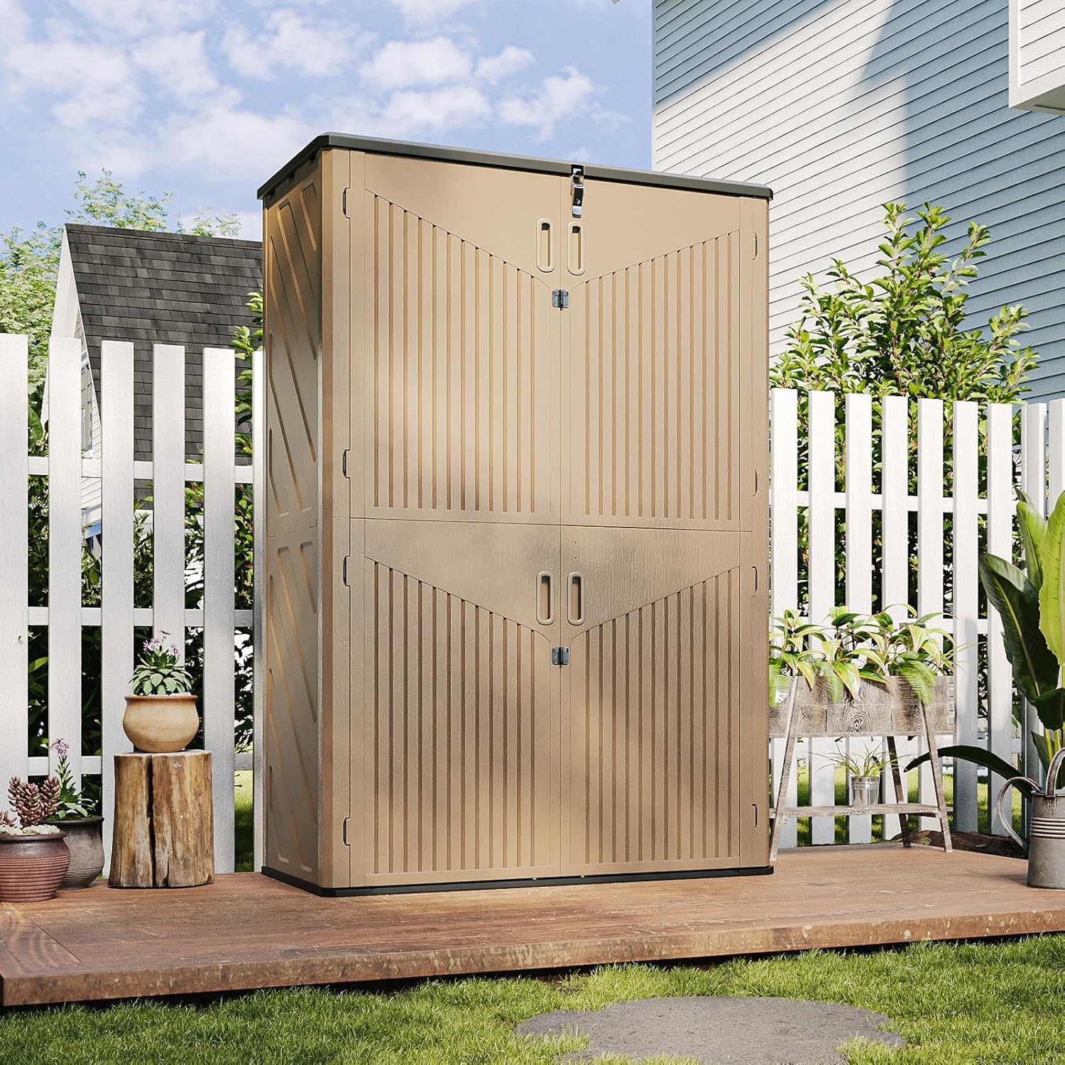 Aoxun Outdoor Storage Shed, 64 Cu.Ft Vertical Storage Sheds Outdoor with Floor, Outdoor Waterproof Storage Cabinet for Garage Storage, Pool Storage (Brown)