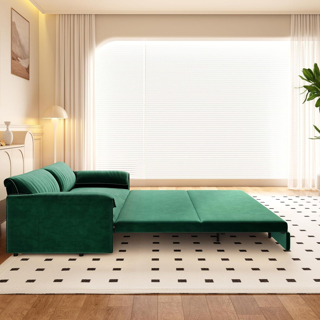 3 in 1 Convertible Queen Sleeper Sofa Bed Comfy Pull Out Futon Couch Bed 66' Modern Velvet Recliner Loveseat Sofa Multi-Functional Green Cloud Couch for Living Room,Apartment,Office (Green 66')