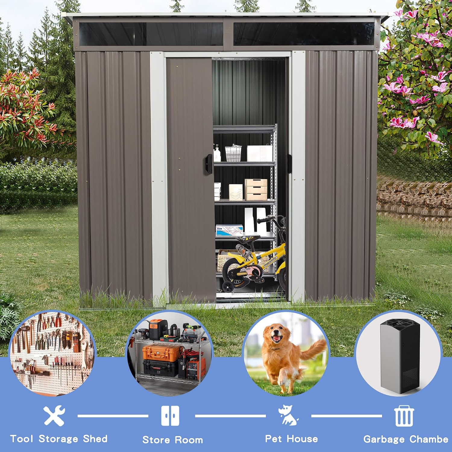 KELRIA 6ft x 6ft Outdoor Metal Storage Shed with Metal Floor Base,Metal Outdoor Storage Sheds with Sliding Doors, Large Garden Shed Outdoor Utility Tool Shed with Pent Roof for Backyard Lawn, Coffee