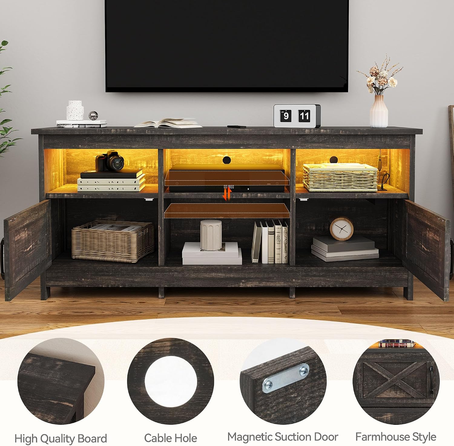 DWVO TV Stand for up to 65 Inch TV, Entertainment Center with Storage, TV Cabinet with Power Outlet & LED Light Strip, Media Console Television Stands for Living Room, Dark Rustic Oak