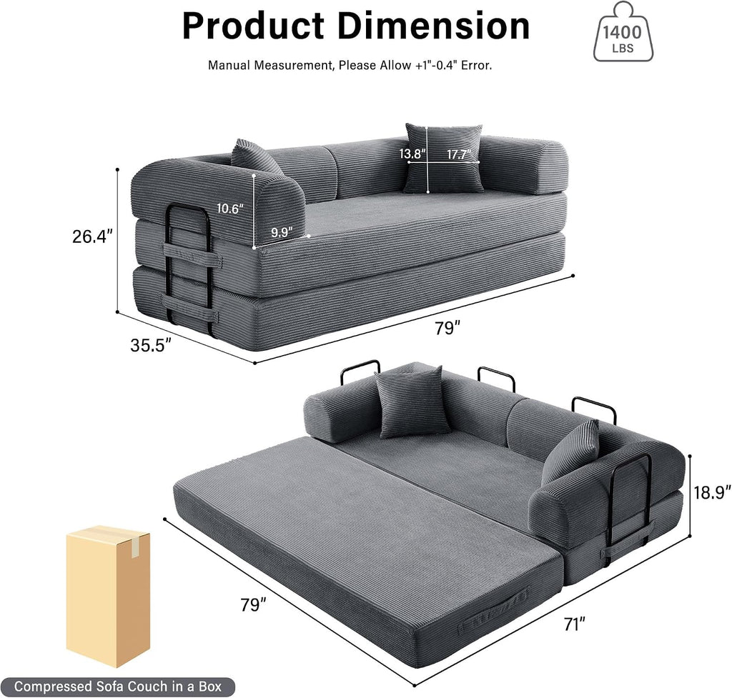 79' Convertible Sofa Bed, 5-in-1 Corduroy Boneless Couch Bed Sofa Pull Out, Memory Foam Couch, No Assembly Futon Couches for Living Room (Dark Gray)