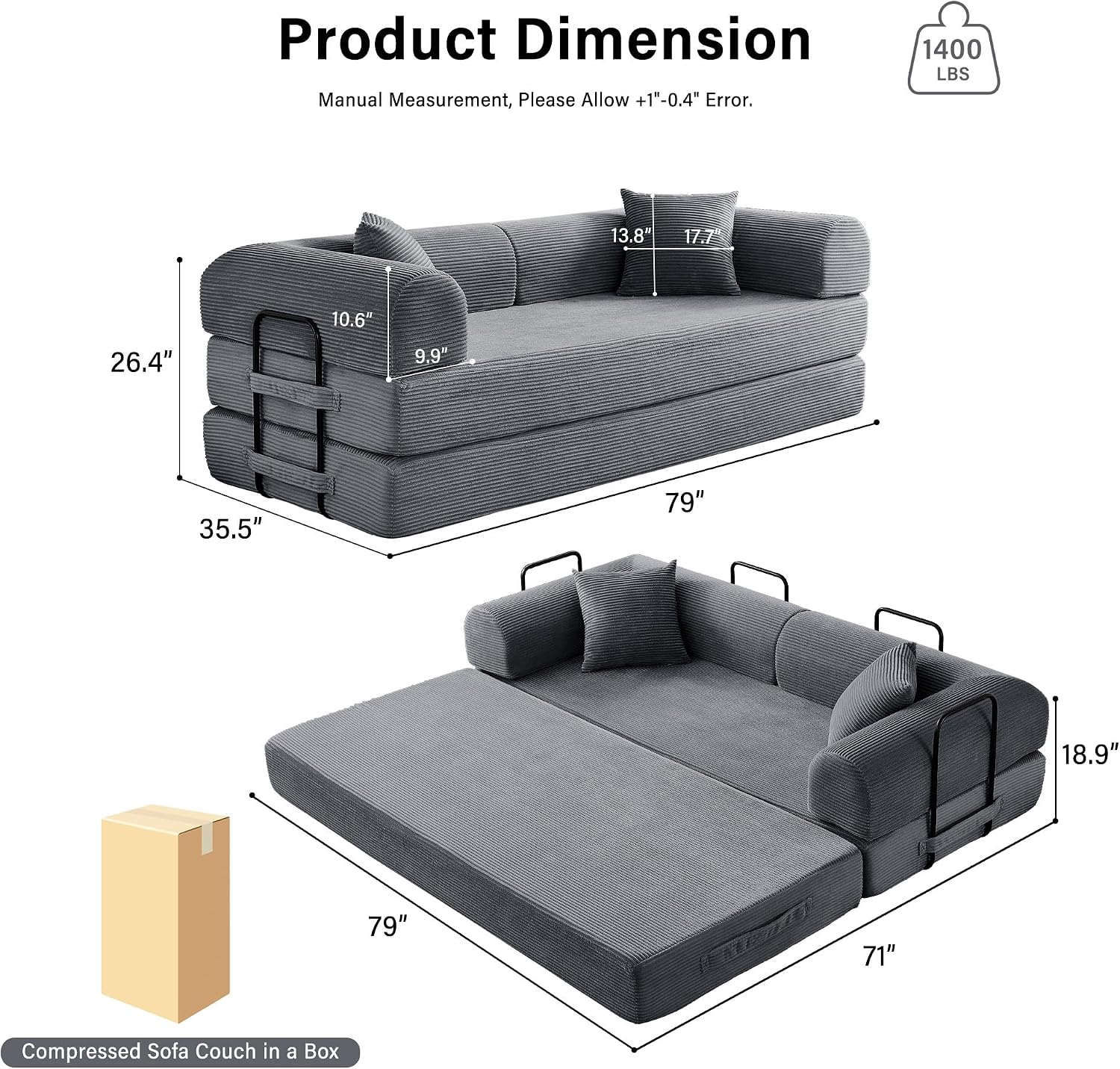 79' Convertible Sofa Bed, 5-in-1 Corduroy Boneless Couch Bed Sofa Pull Out, Memory Foam Couch, No Assembly Futon Couches for Living Room (Dark Gray)