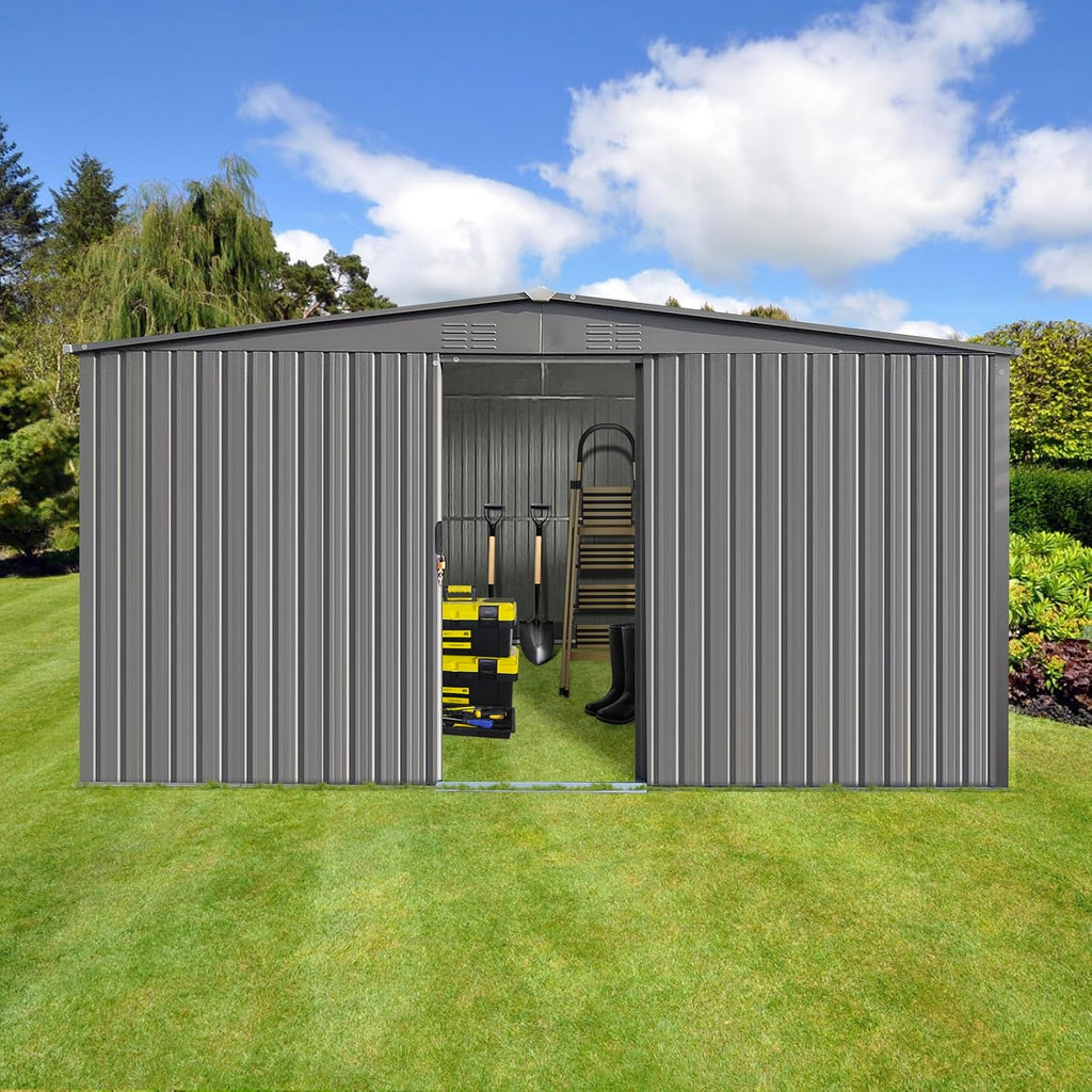 YOPTO 12x14 FT Sheds & Outdoor Storage,Metal Waterproof Firewood Shed with 2 Integrated Punched Vents,2-in-1Heavy-Duty Garden Tool House w/Window & Door,Shelter for Wood,Bicycles,Grey