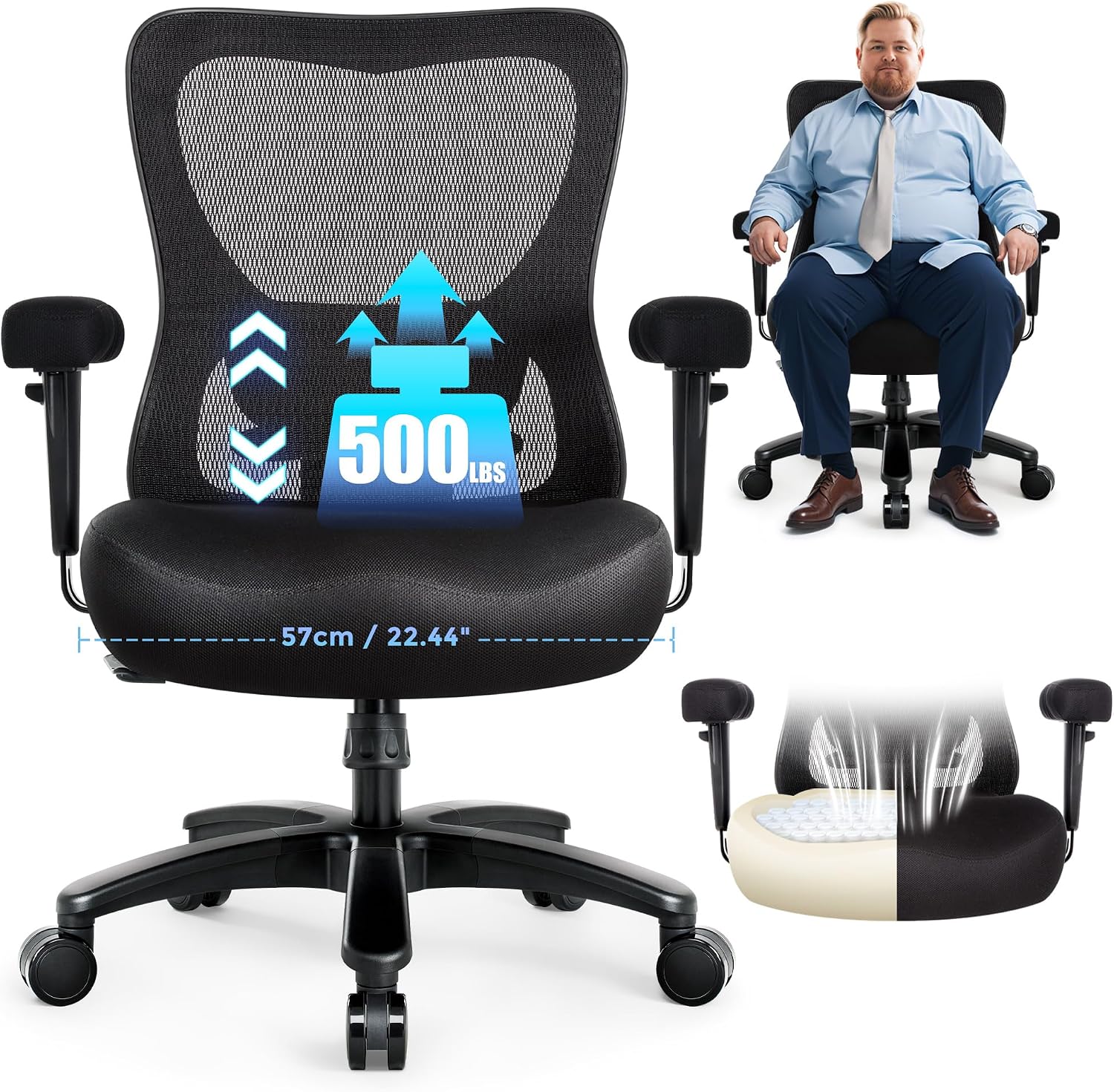 Big and Tall Office Desk Chair 500lbs, Ergonomic Heavy Duty Mesh Desk Chair, Executive Swivel Task Computer Chairs for Home Office, Adjustable Lumbar Support and Armrests (Black)