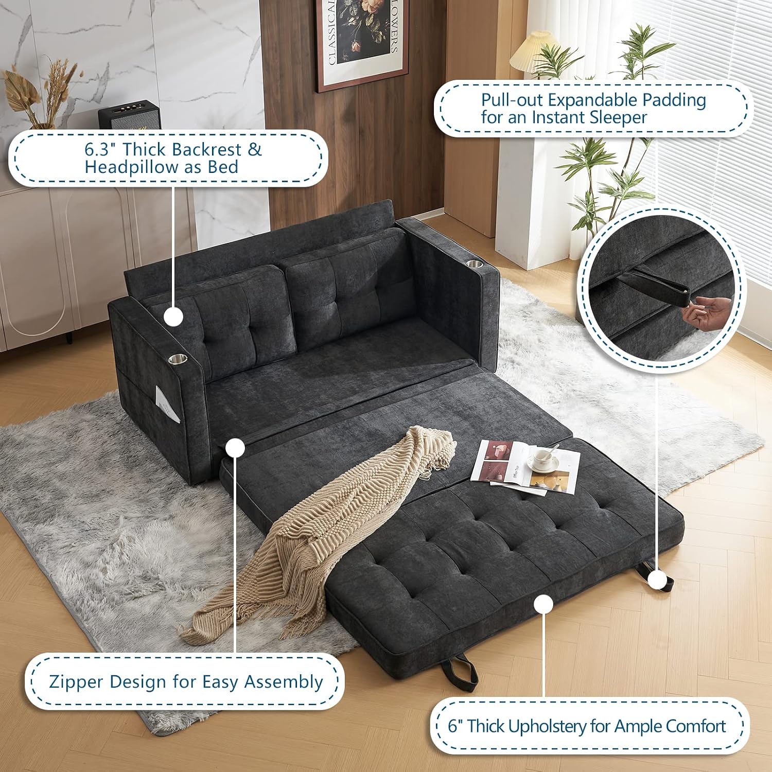 VINGLI Upgraded 64' W 84' L Full Size Futon Sofa Bed, 6' Thick Upholstery Chenille Loveseat Sofa Sleeper Pull Out Couch,Convertible Floor Couch for Living Room, Bedroom, Entertainment Room, Dark Grey