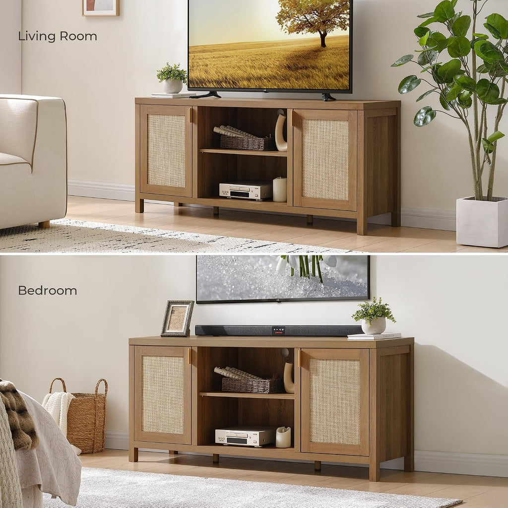 SICOTAS TV Stands for Living Room : Rattan TV Console Cabinet with Storage and Shelf, Boho Entertainment Center, 59' Media Console for 55, 65 Inch TV, 26' Tall Television Stands, Oak