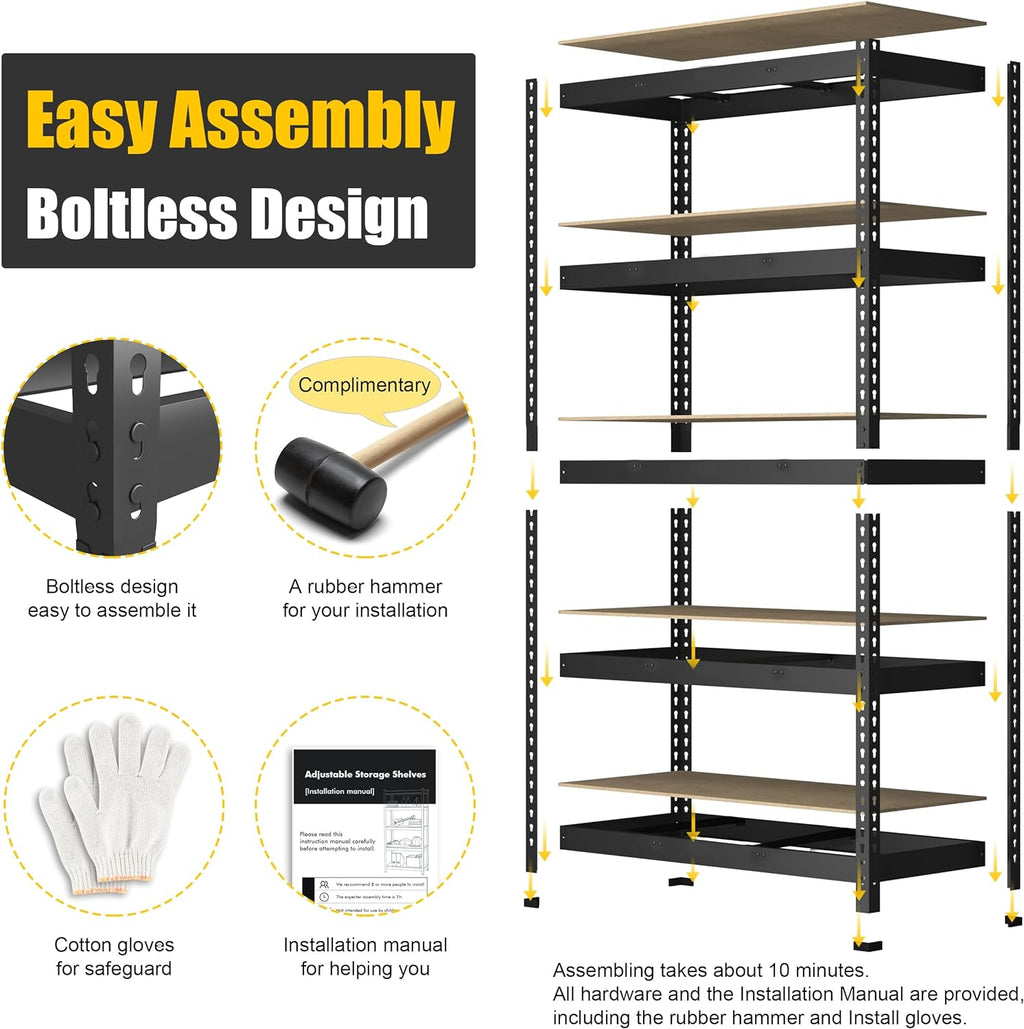 PrimeZone 48' x 24' x 72' Heavy Duty Storage Shelves - 5 Tier Adjustable Garage Storage Shelving, Metal Storage Utility Rack Shelf Unit for Warehouse Pantry Closet Kitchen, Black