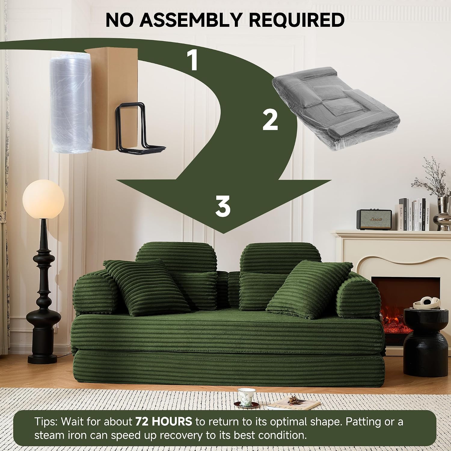 79' Sofa Bed, Deep Seat 32' Sleeper Sofa, 5-in-1 Convertible Sofa Bed, Boneless Couch in a Box, Corduroy Floor Futon with Thickened backrest and Headrest Pillows, Side Pockets, Dark Green