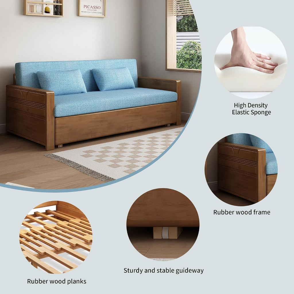 71'queen convertible sofa sleeper,blue cushion sectional sleeper sofa with reversible chaise,walnut color wood sofa bed 3 in 1 pull out couch bed,wooden couch for livingroom,apartment,bedroom,office