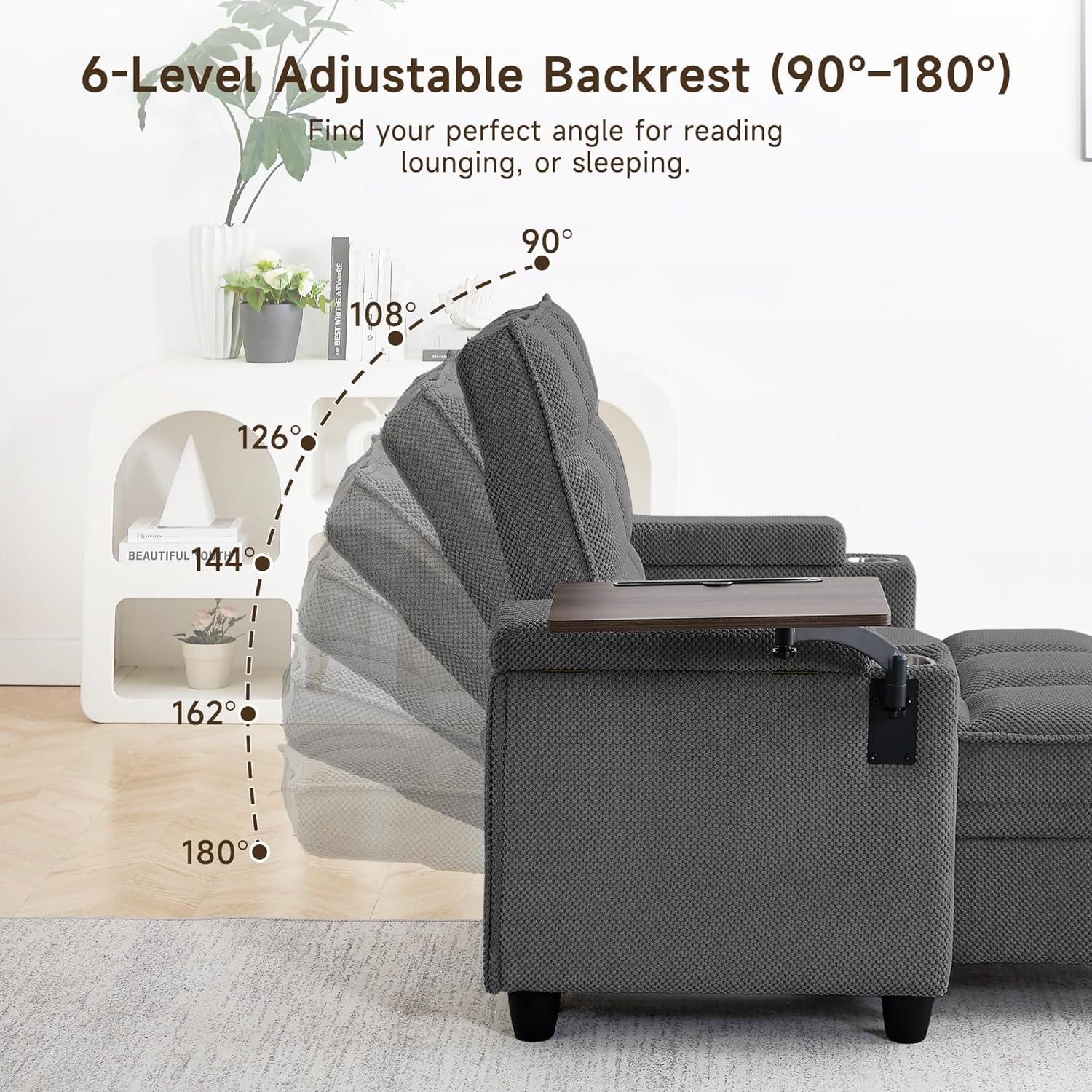 41.7' Oversized Chaise Lounge Chair Indoor, Boucle Upholstered Sofa Bed with Adjustable Backrest, Deep Seat Reading Chair, Sofas Couches for Living Room, Storage, Cup Holders & 360° Swivel Side Table