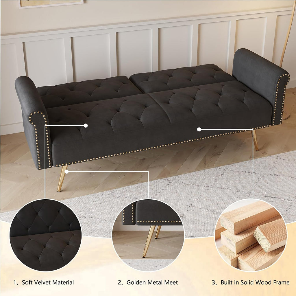 KEIKI 70' Folding Futon Sofa Couch w/Adjustable Backrest, Mid Century Modern Loveseat Convertible to Sleeper Bed, Small Comfy Velvet Cloud Couch SofaBed for Living Room & Bedroom, 2 Pillows, Black