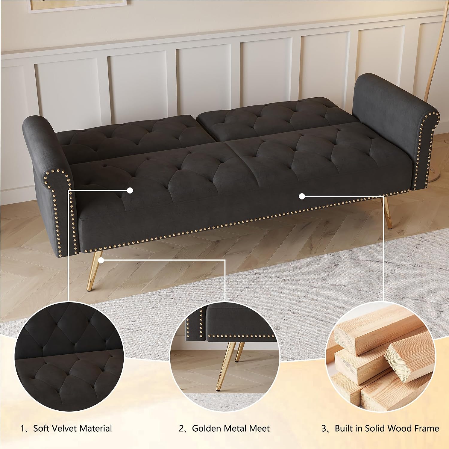KEIKI 70' Folding Futon Sofa Couch w/Adjustable Backrest, Mid Century Modern Loveseat Convertible to Sleeper Bed, Small Comfy Velvet Cloud Couch SofaBed for Living Room & Bedroom, 2 Pillows, Black