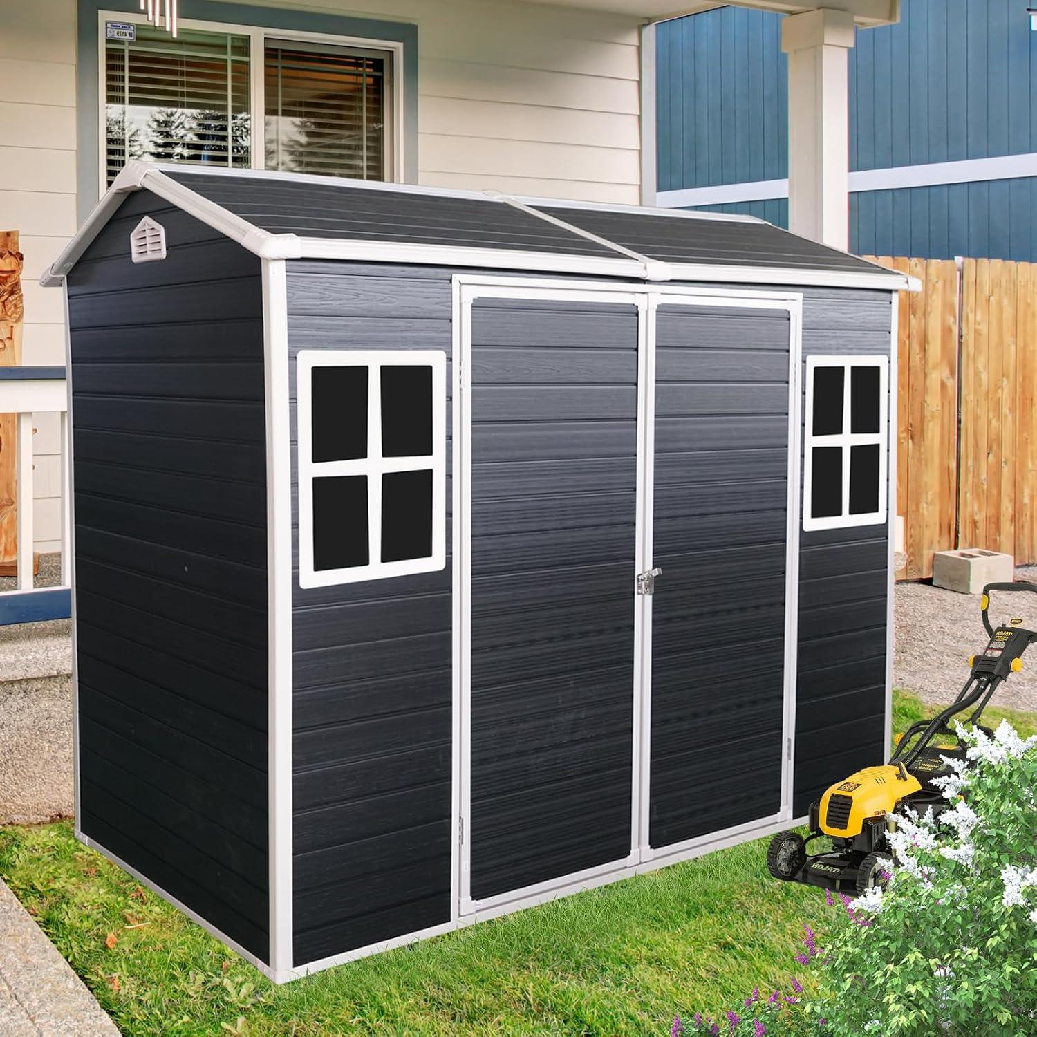 Extrastar 8x4FT Outdoor Storage Shed: Heavy-Duty Resin Shed with Double Doors, Built-in Floor, Windows & Air Weatherproof for Garden, Yard, Patio (Black, 8x4FT)