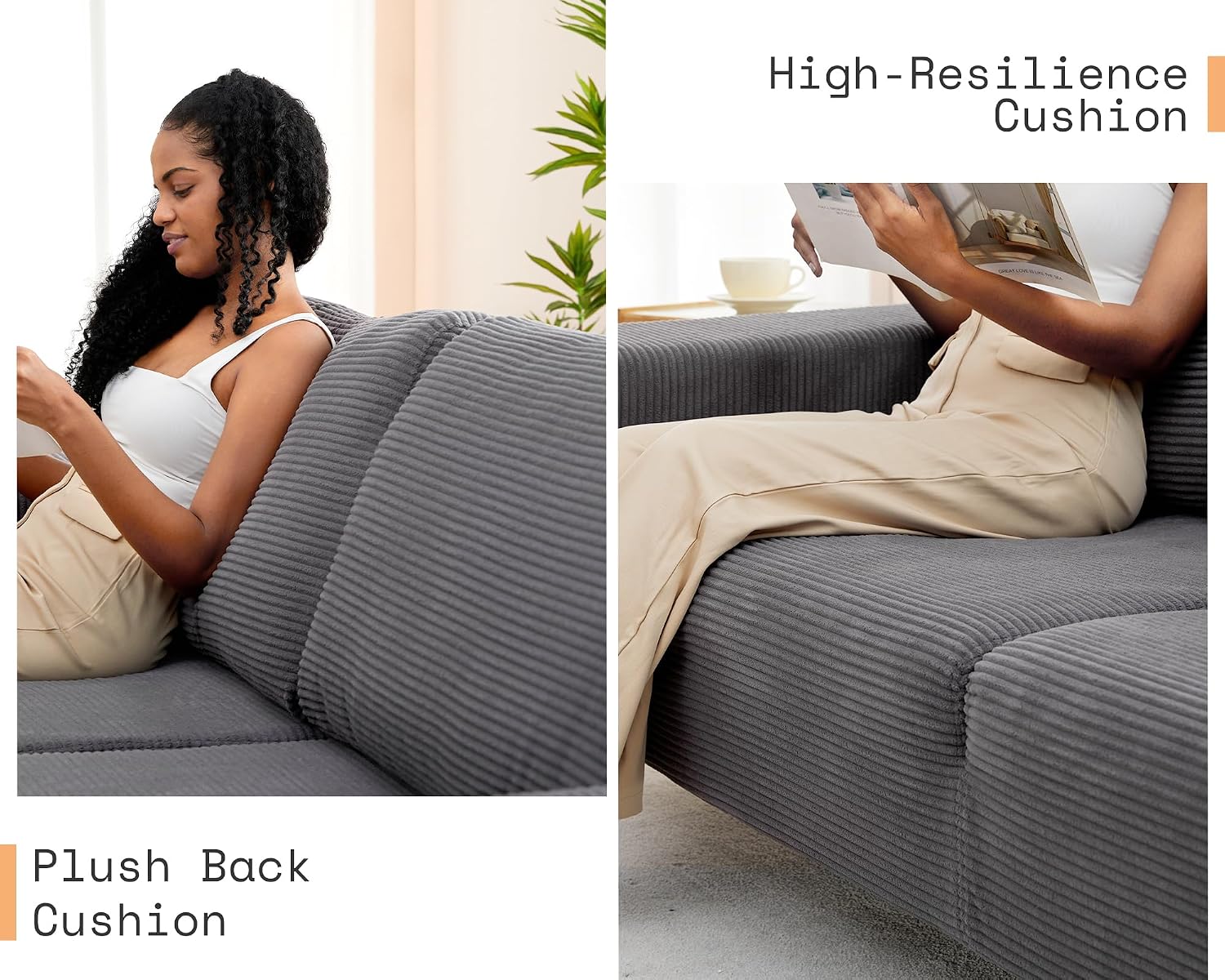 AMERLIFE 89-Inch 3-Seater Couch - Cozy Sofa with Extra Deep Seats, Modern Chair Set for Living Room, Grey Corduroy