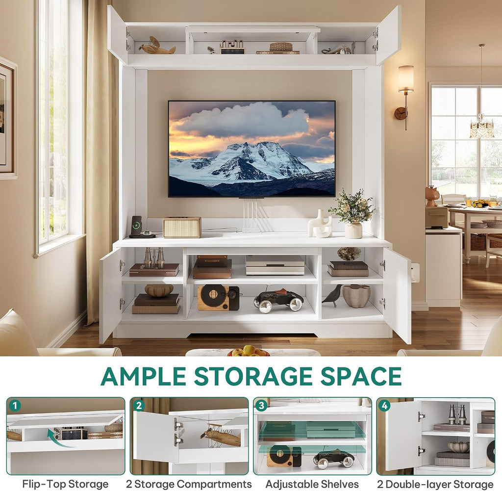 YITAHOME Wall Unit Entertainment Center with Storage for Living Room, Modern Tall TV Stand for 65 Inch TV with Power Outlets & Adjustable Storage Cabinet, White