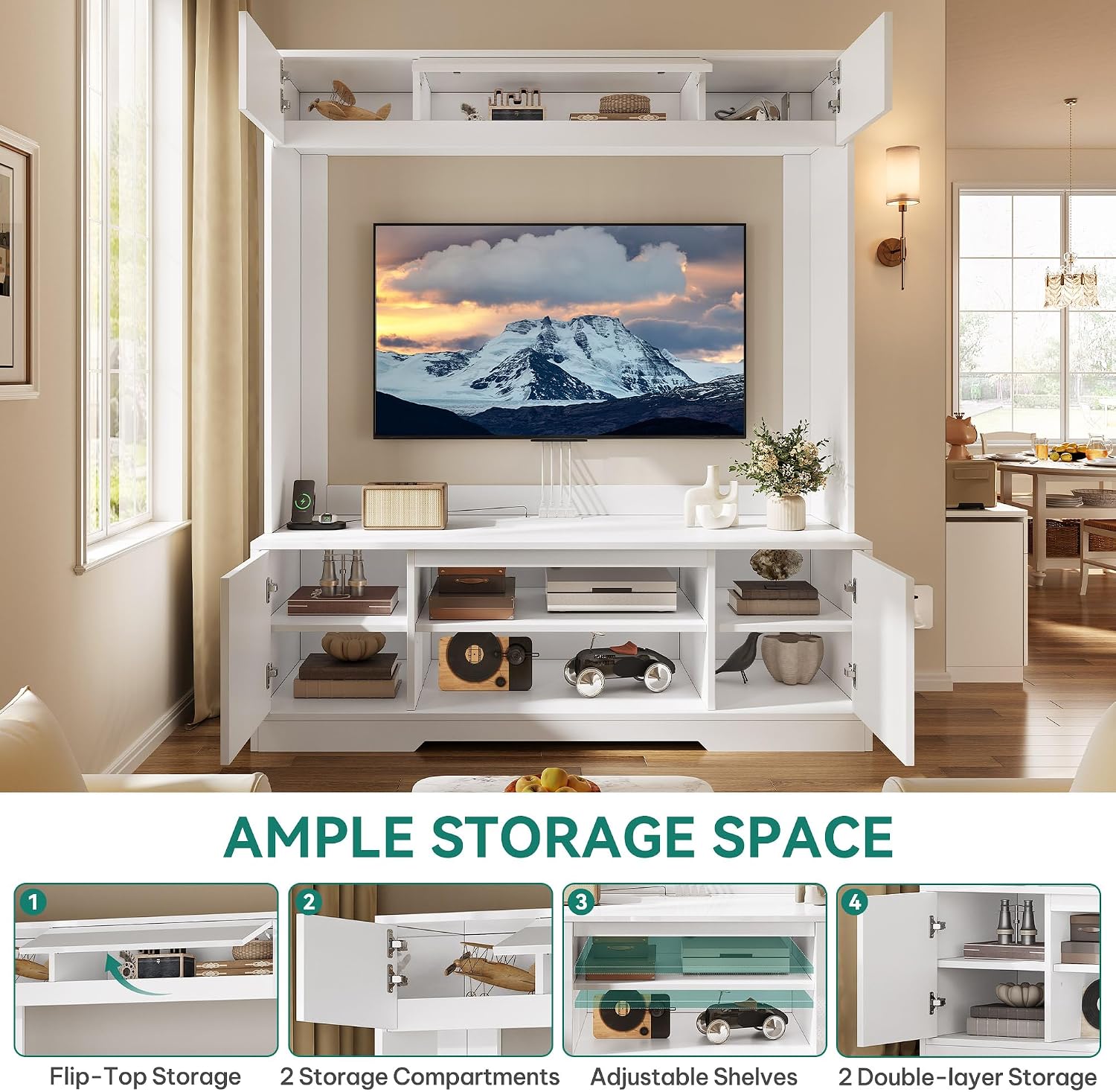 YITAHOME Wall Unit Entertainment Center with Storage for Living Room, Modern Tall TV Stand for 65 Inch TV with Power Outlets & Adjustable Storage Cabinet, White
