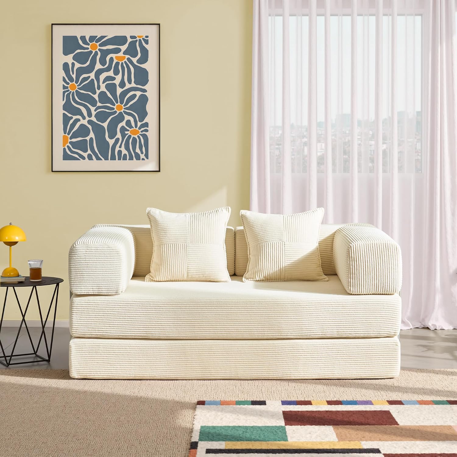 YINIX Sofa Bed, 62'' Folding Floor Couch, Compressed Convertable Sleeper Sofa, Memory Foam Couch with Pillow Back Support Armrest, 4-in-1 Futon Sofa Bed for Living Room, Ivory