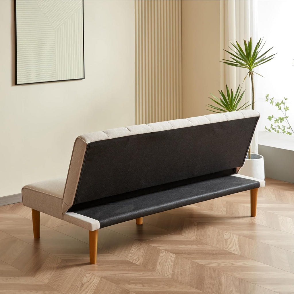 Spatial Order Upholstered Bergen Convertible Futon Sofa Bed, Modern Sofa Couches for Living Room, Small Spaces, Dorm, Apartment, Beige Woven