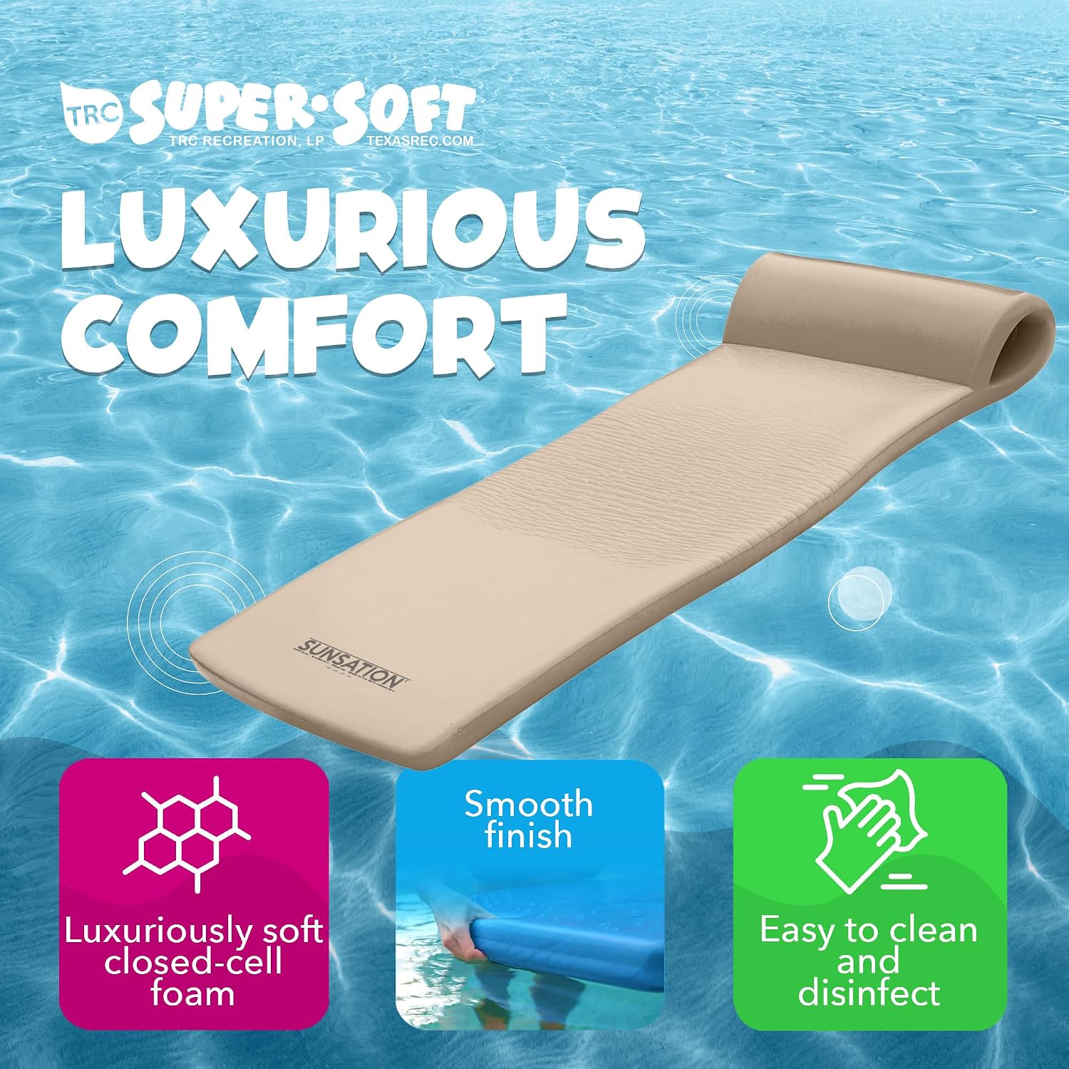 TRC Recreation Sunsation Thick Foam Pool Float Lounger w/Headrest for Lounging & Sunbathing in Swimming Pools, Beaches & Lakes