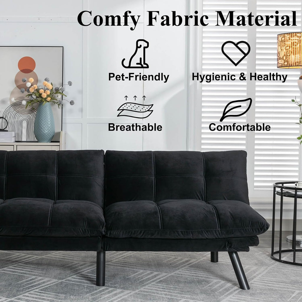Anwick Velvet Convertible Futon Sofa Bed,71' Modern Comfy Loveseat Sleeper Sofa with Adjustable Backrest Armrest,Folding Futon Sleeper Recliner for Living Room,Office,Apartment (Black)