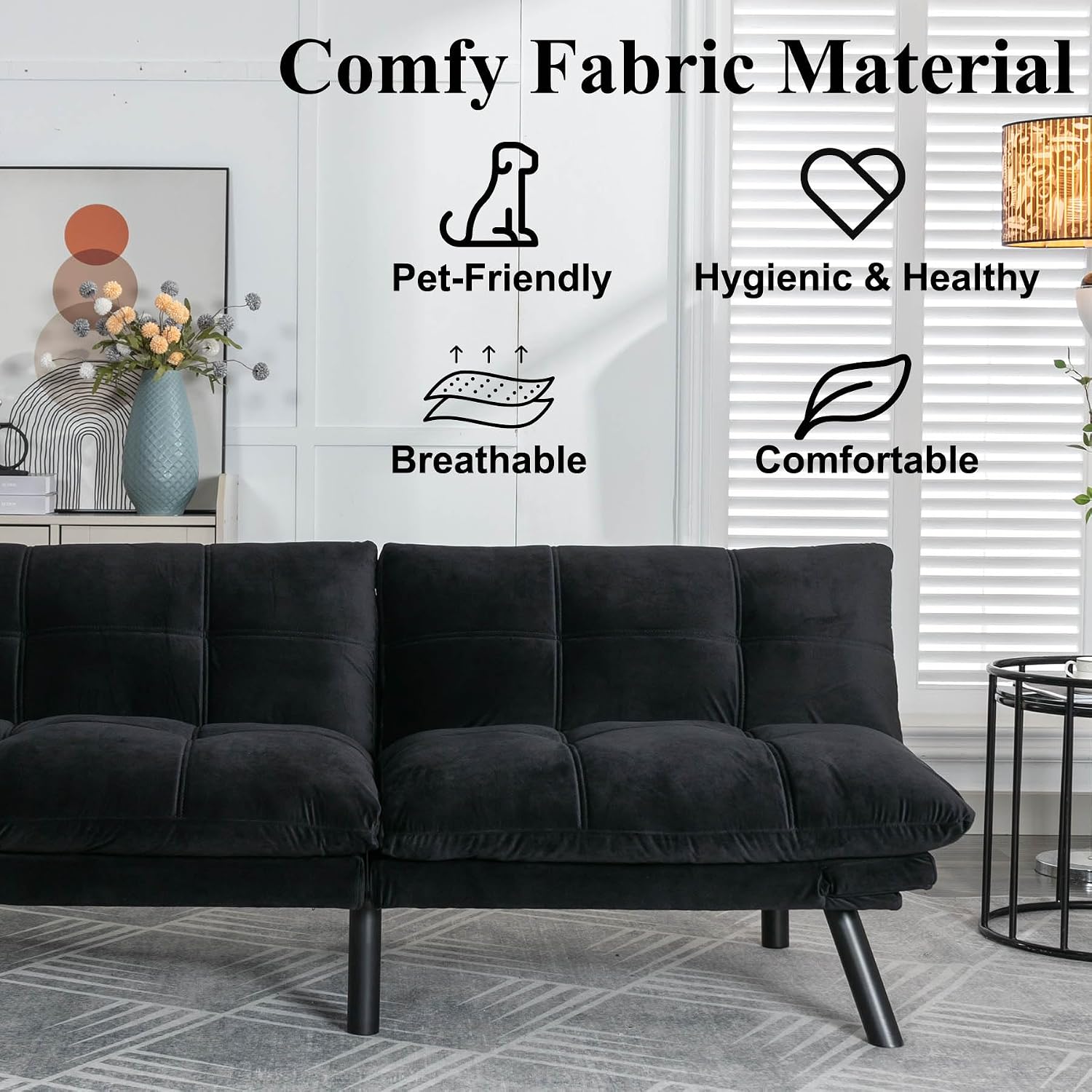 Anwick Velvet Convertible Futon Sofa Bed,71' Modern Comfy Loveseat Sleeper Sofa with Adjustable Backrest Armrest,Folding Futon Sleeper Recliner for Living Room,Office,Apartment (Black)