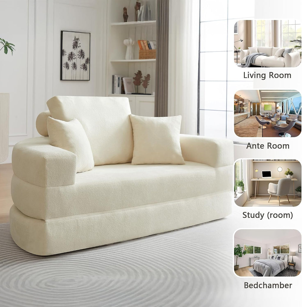 71' Boneless Couch Sofa Bed Oversized Round Couch 2-in-1 Foldable Floor Loveseat Sofa for Living Room and Apartment No Assembly (Beige, 71')