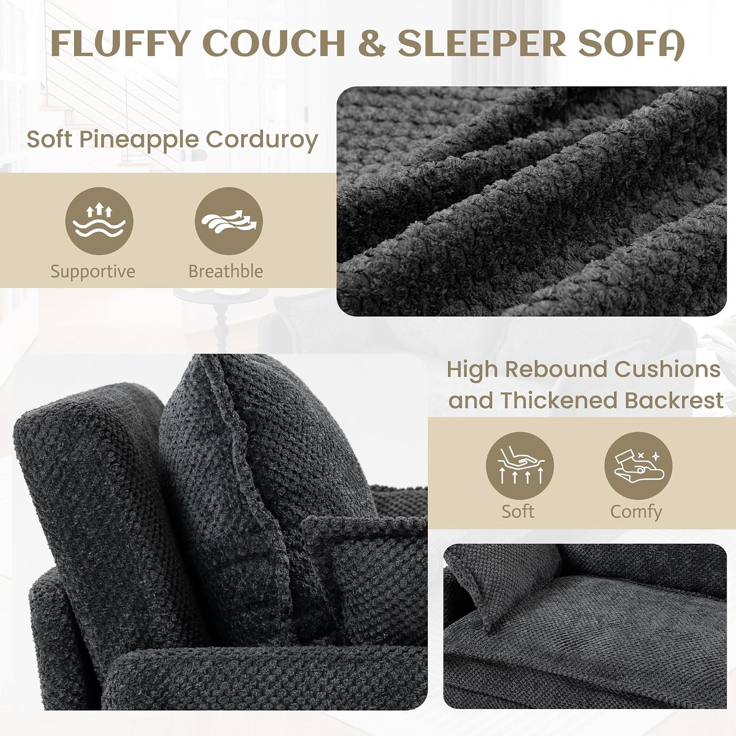 SUNWAVE 60' Queen Pull Out Sofa Bed - Convertible Sleeper Sofa Bed, Corduroy Loveseat Pull Out Couch with USB Charging, Side Pockets for Living Room, Bedroom, Small Spaces(Charcoal, 60')