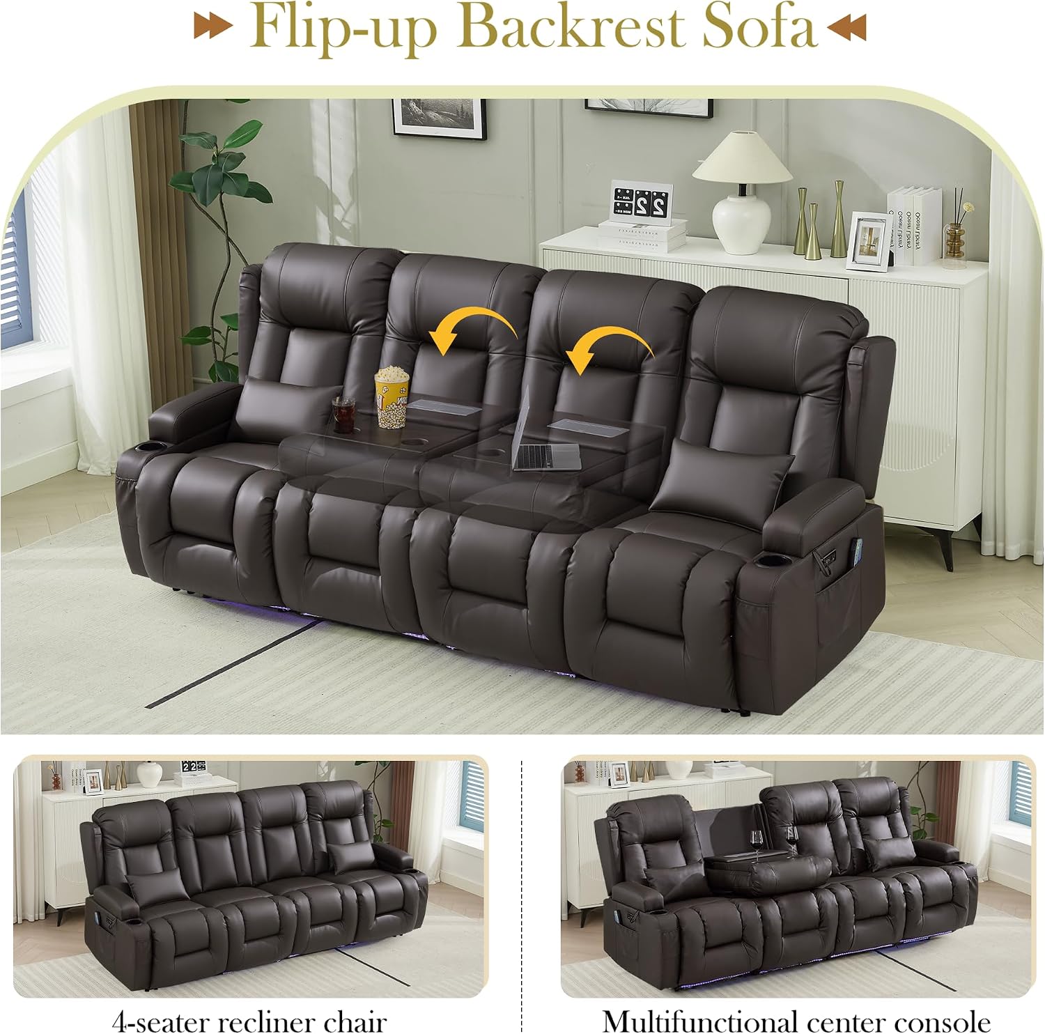 TUNYI Power Loveseat Recliner Sofa with Massage & Heat Home Theater Seating with Console RV Recliner Loveseat Sofa with USB/Storage/Side Pocket/LED Light/Speaker (Brown, 4 Seat)