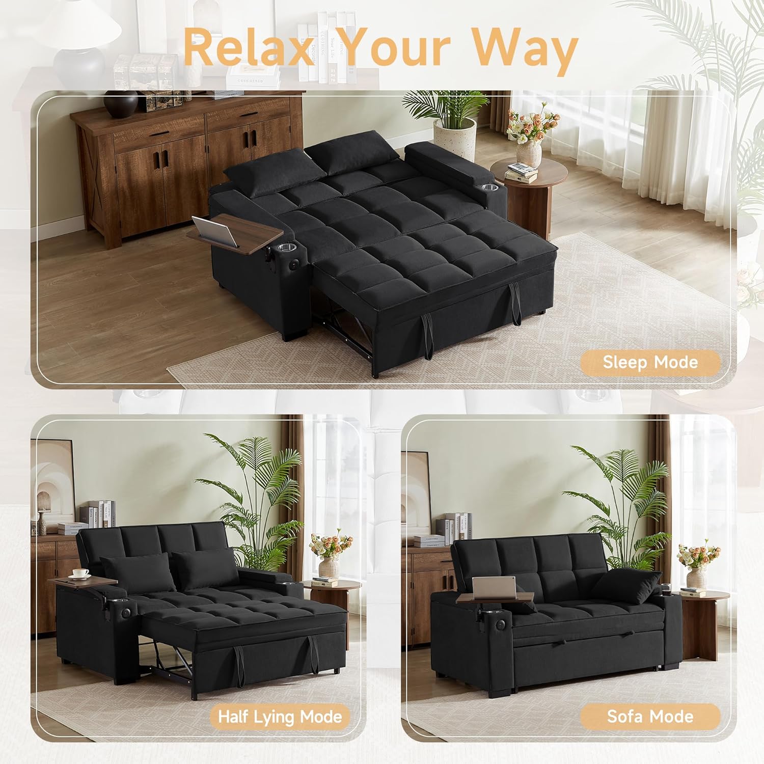 hansones 66' Multi-Functional Pull-Out Sofa Bed with Hidden Side Table, Storage Armrests, Built-in Charging Port, Spring Mattress, Solid Wood Frame – Ideal for Small Spaces, Easy Assembly