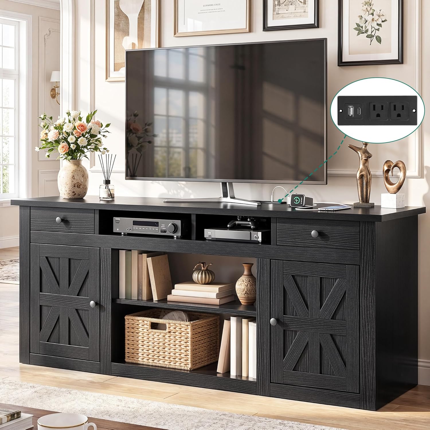YITAHOME Farmhouse TV Stand for 65-Inch TV, Entertainment Center with Storage Cabinets & Drawers, TV Console for Living Room, Black